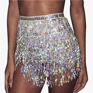 Silver Sequin Fringe Mini Wrap Skirt